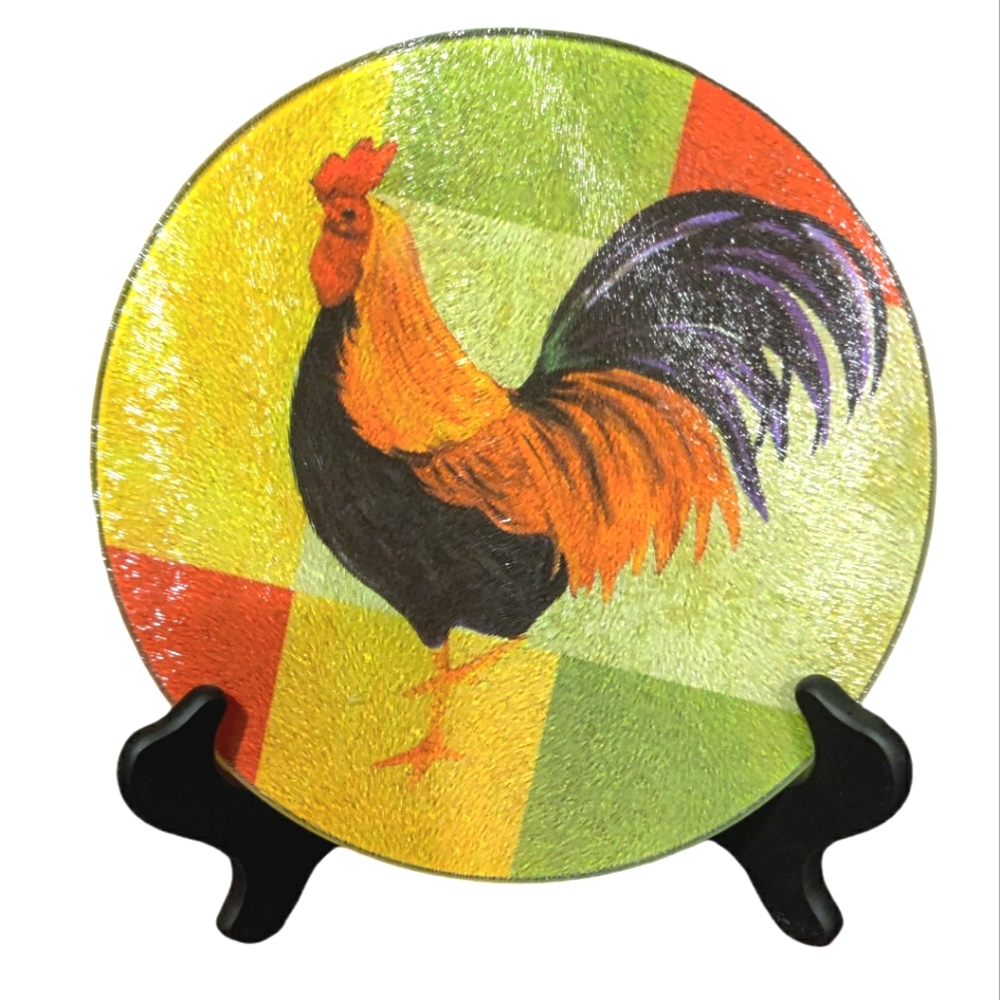 🗺️ Cooking Concepts Kitchen Cutting Serving Board Rooster, Round Tempered Glass